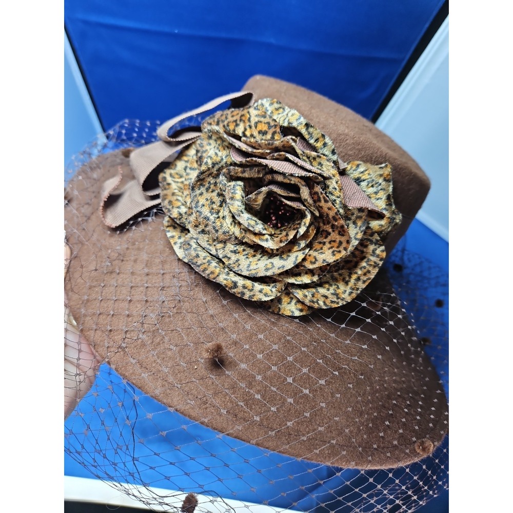 Sonni San Francisco Wool Felt Wide Brim Cheetah Leopard Church Derby Chocolate